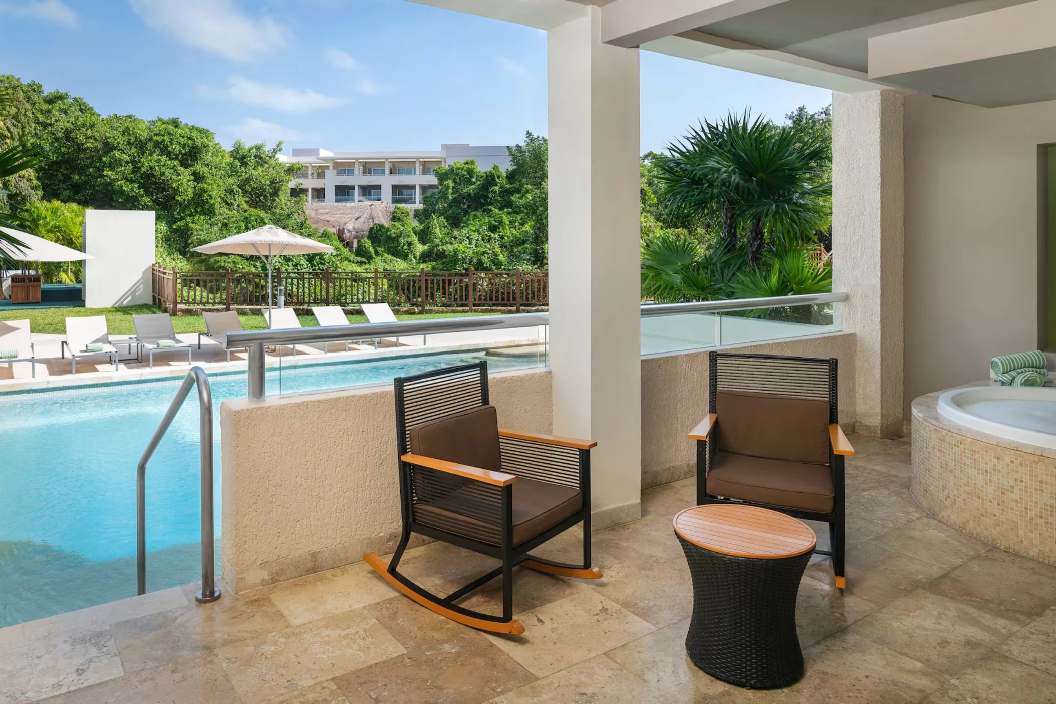 balcony of swim out suite with private jacuzzi at Paradisus Playa Del Carmen