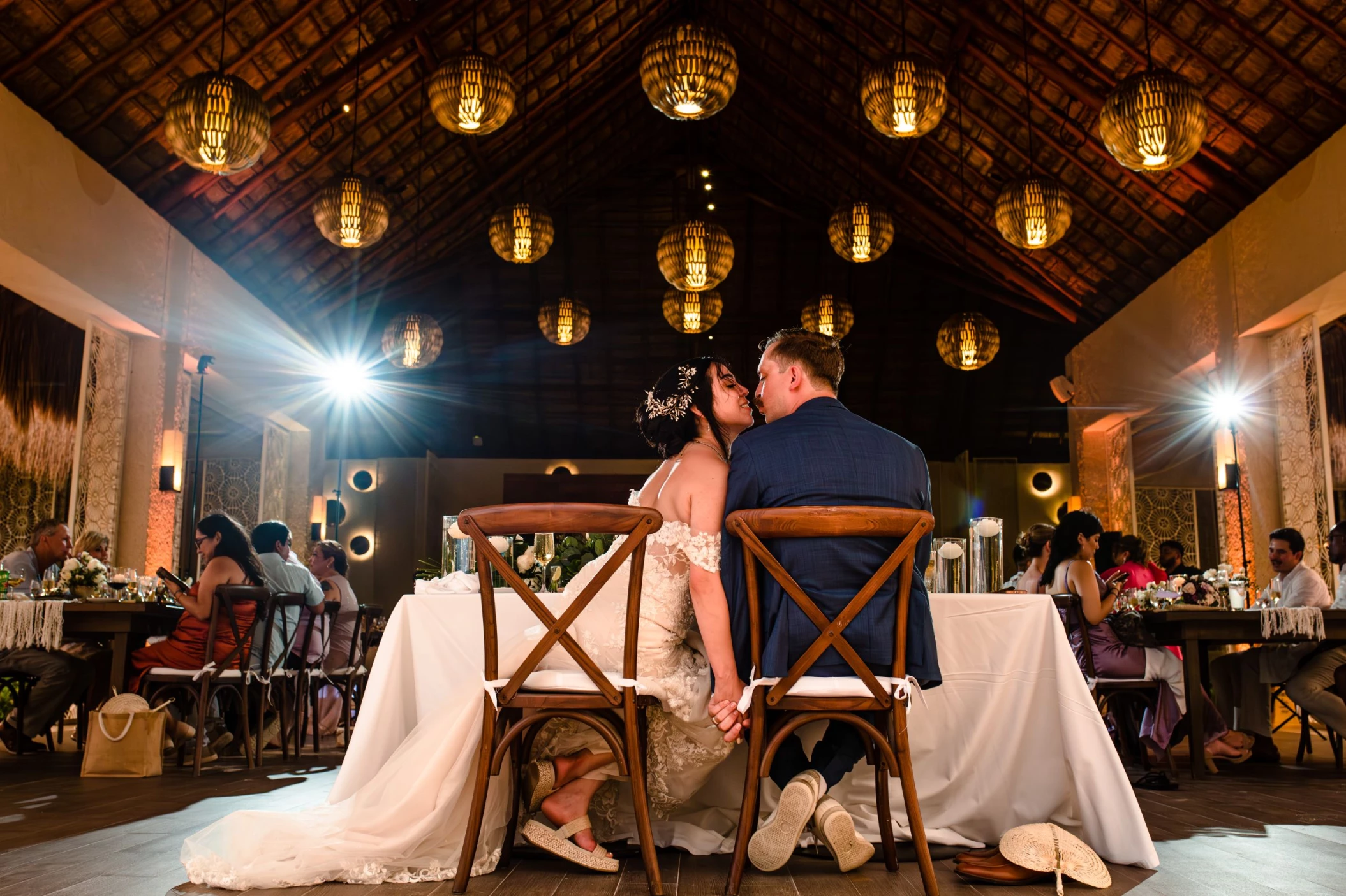 Bride, groom and guests at the wedding reception at Paradisus Playa Del Carmen