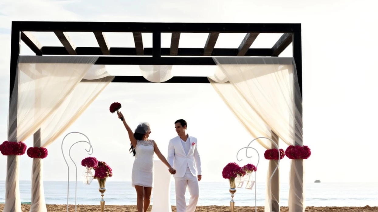 bride and groom at the beach gazebo at Royalton CHIC Punta Cana