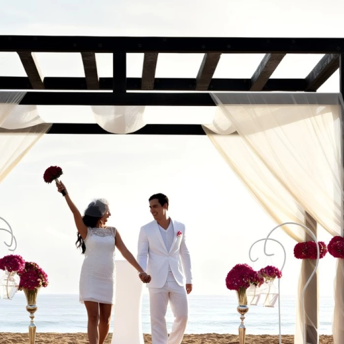 bride and groom at the beach gazebo at Royalton CHIC Punta Cana