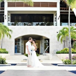 bride and groom at the plaza lobby circle venue at Royalton Punta Cana