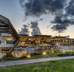 Gazebo and buildings night-shot at Royalton Riviera Cancun Resort.