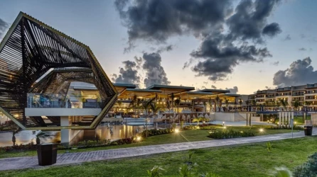 Gazebo and buildings night-shot at Royalton Riviera Cancun Resort.