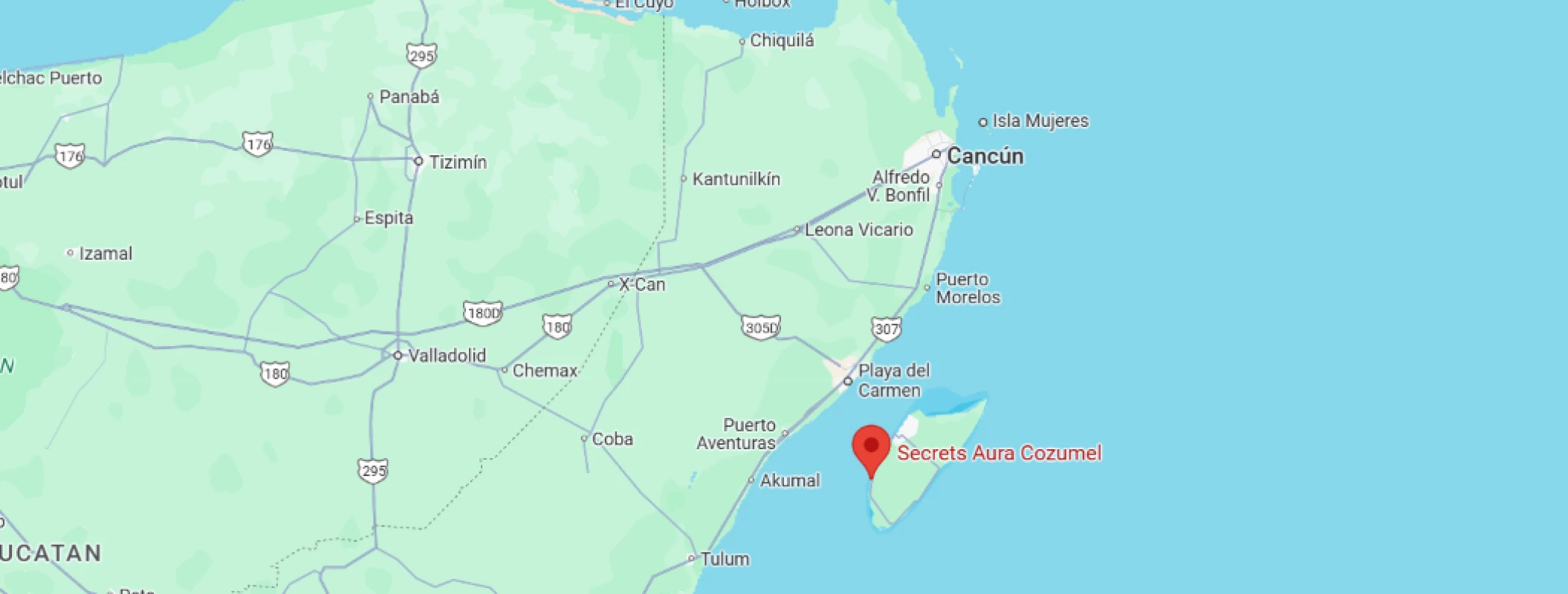 map showing location of secrets aura cozumel in Mexico