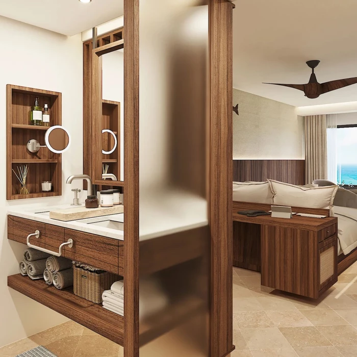 deluxe ocean view suite bathroom at Secrets Mirabel Cancun