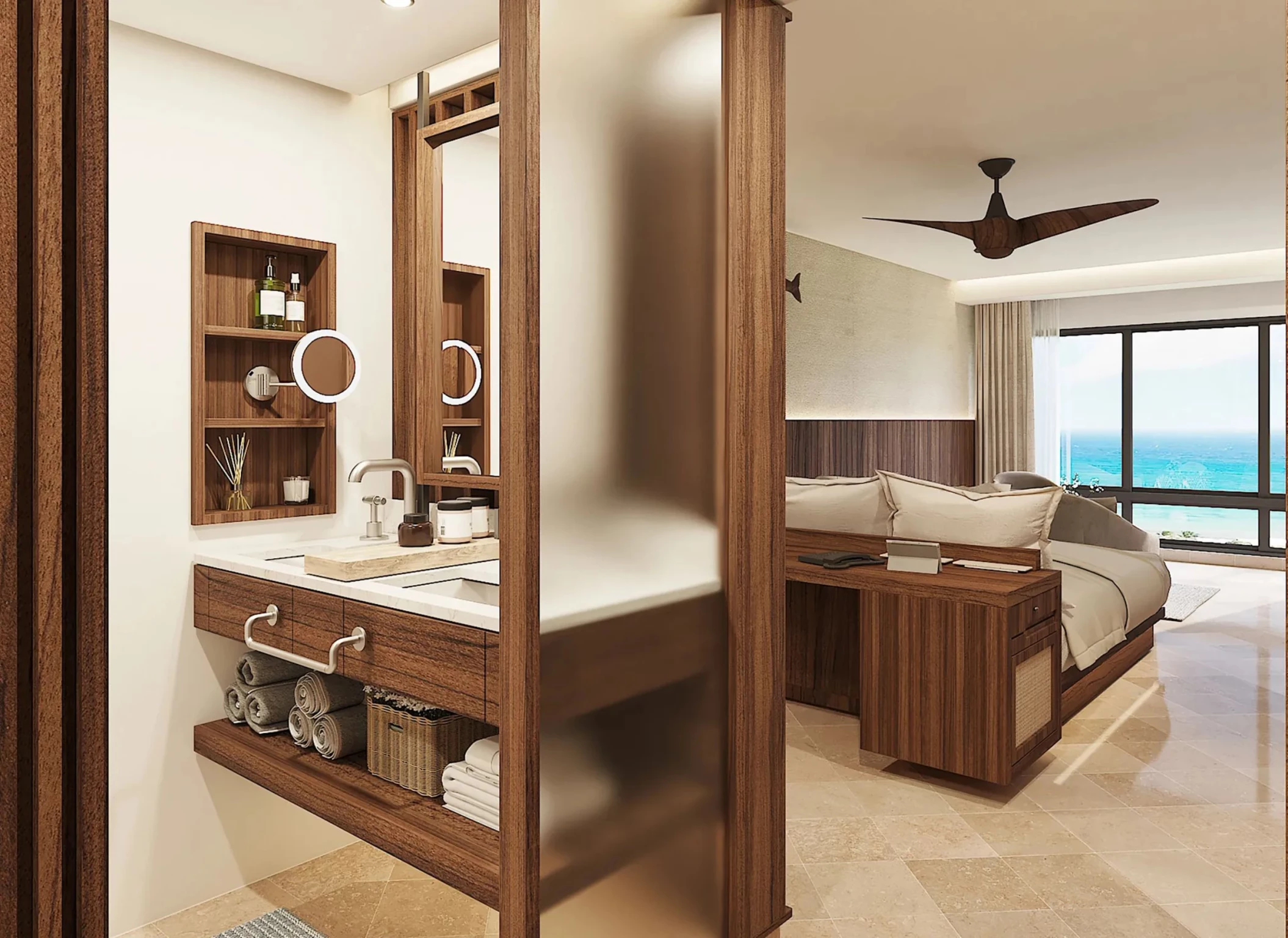 deluxe ocean view suite bathroom at Secrets Mirabel Cancun