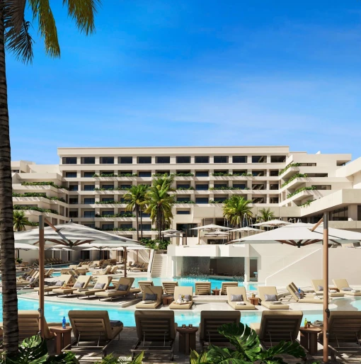 pool and accommodations exterior at Secrets Mirabel Cancun