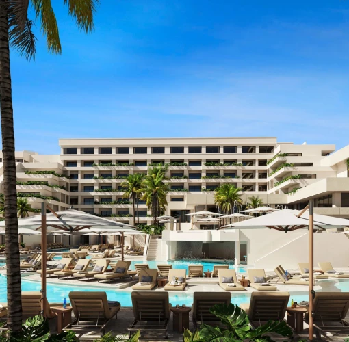 pool and accommodations exterior at Secrets Mirabel Cancun