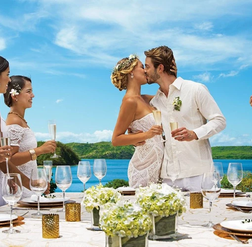A newly married couple and their guests celebrating with champagne, overlooking a beautiful ocean view.