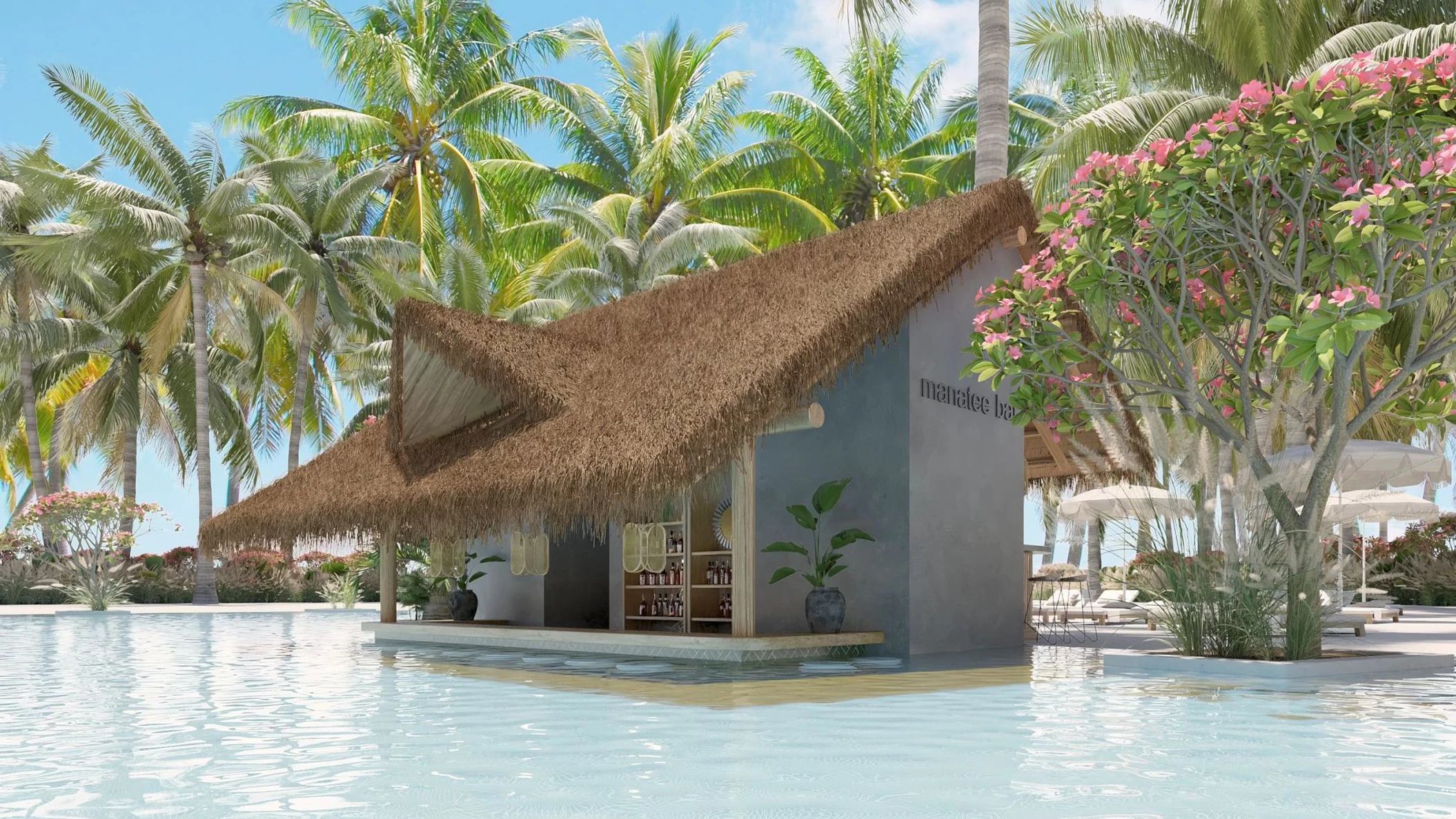 An outdoor Manatee swim-up bar at Secrets Playa Esmeralda, with a thatched roof and palm trees.