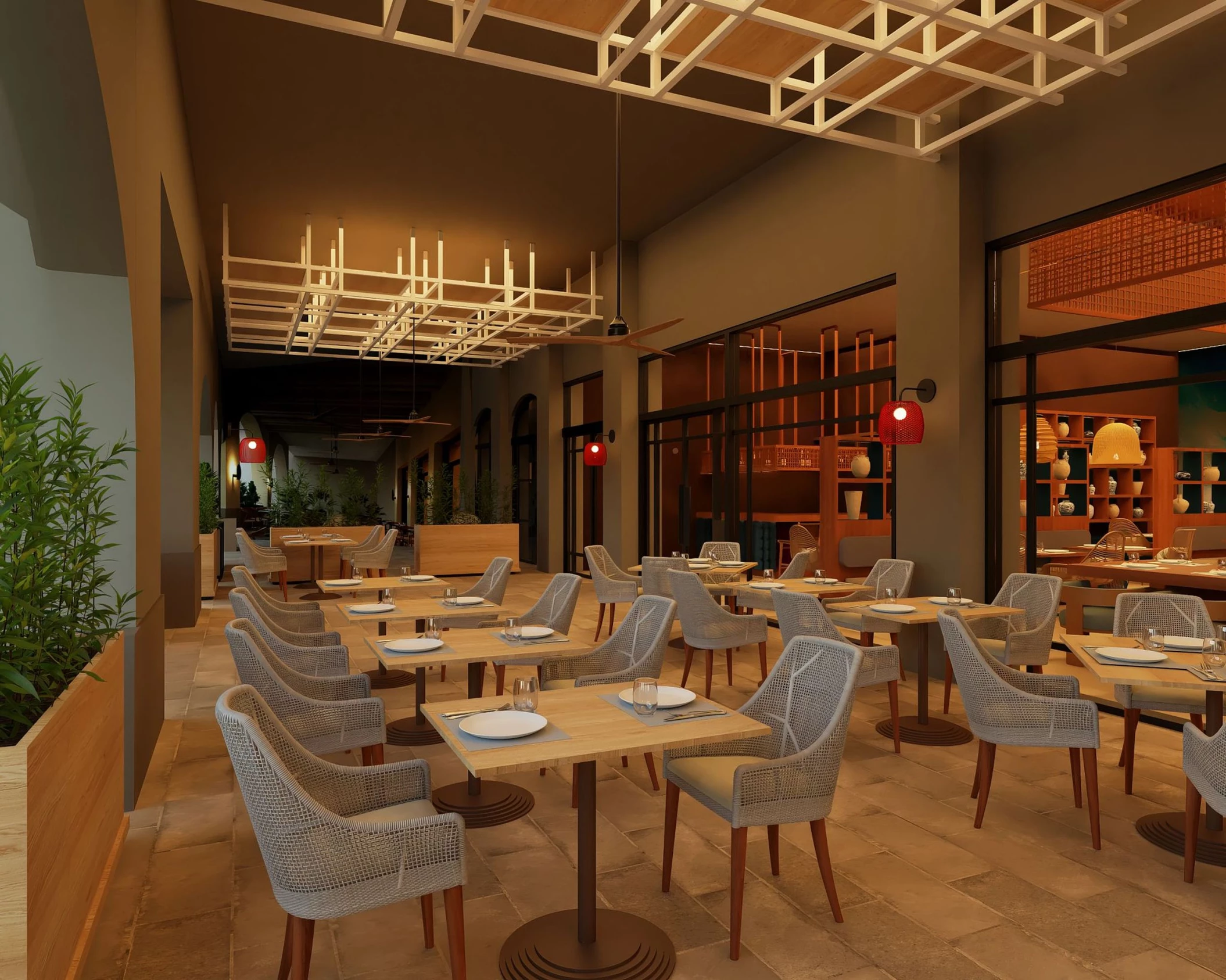 The Meraki restaurant with an outdoor dining area, featuring stylish chairs, tables, and unique lighting.