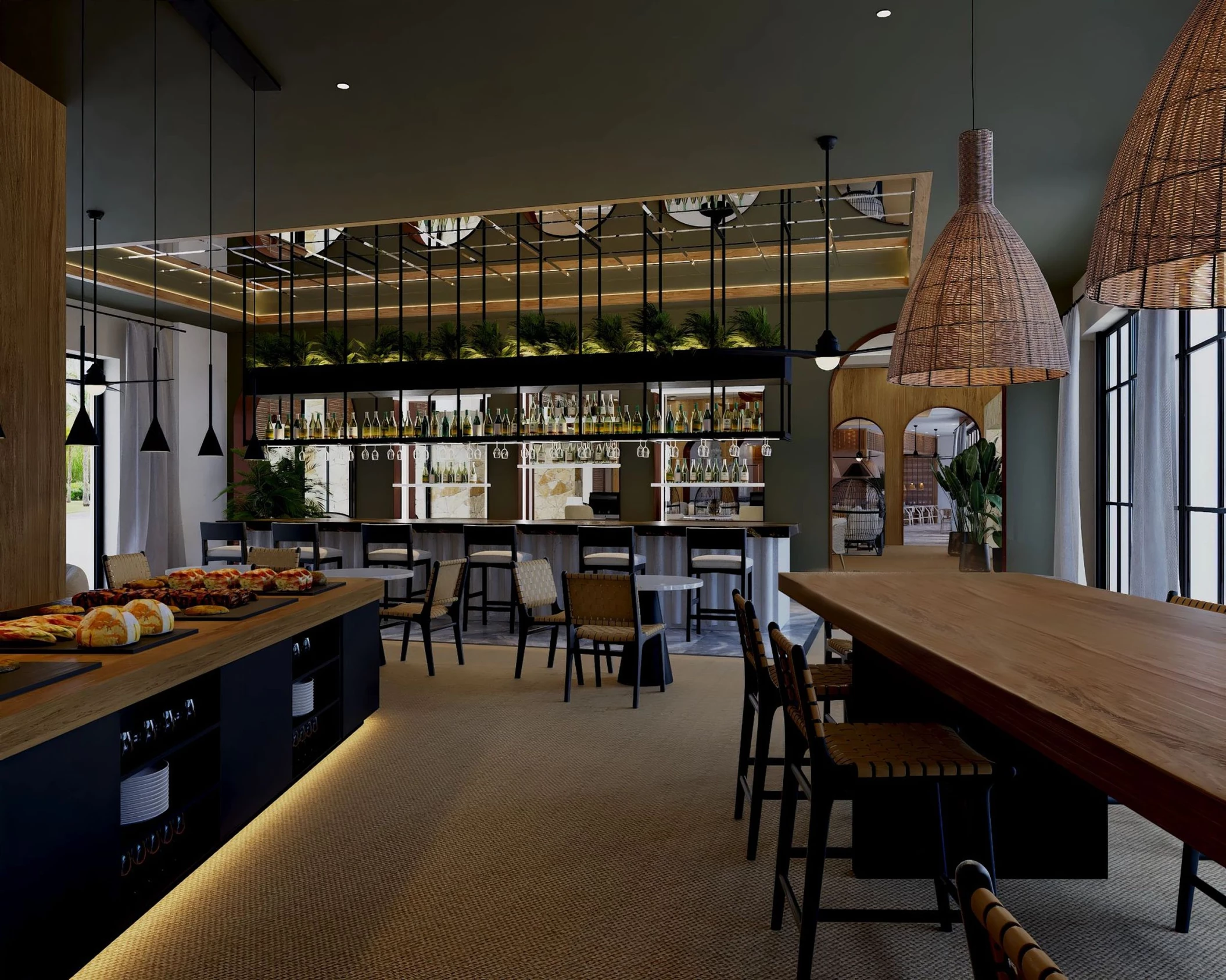 A spacious Preferred Club bar area with a buffet, long wooden table, and a well-stocked bar.