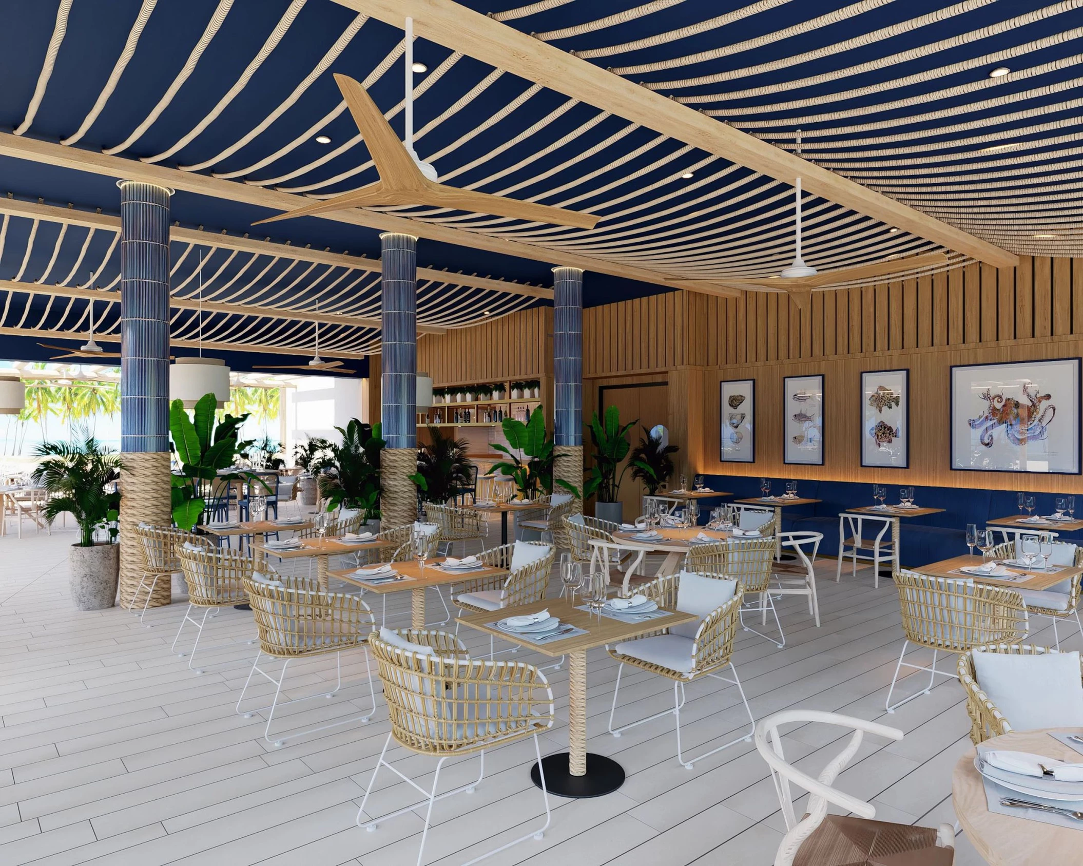 The Seaside Grill restaurant with a nautical theme, featuring blue ceilings, rope accents, and wicker chairs.