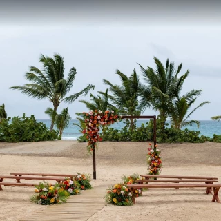 A beach wedding venue with a wooden walkway leading to a floral arch, with benches and palm trees.