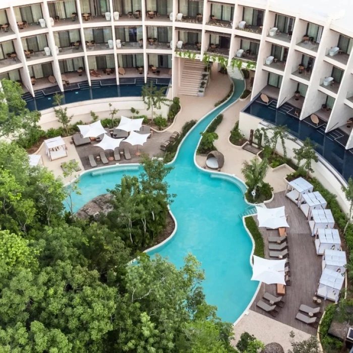 Secrets Tulum building and pool aerial view