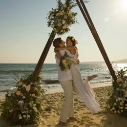 Ceremony setup on the Barracuda beach venue at Secrets Wild Orchid.