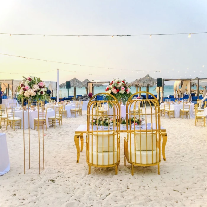 Destination Wedding reception setup at the beach in Royalton Blue Waters.