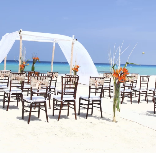 Ceremony decor on the beach wedding venue at Sandos Cancun