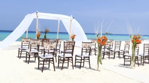 Ceremony decor on the beach wedding venue at Sandos Cancun