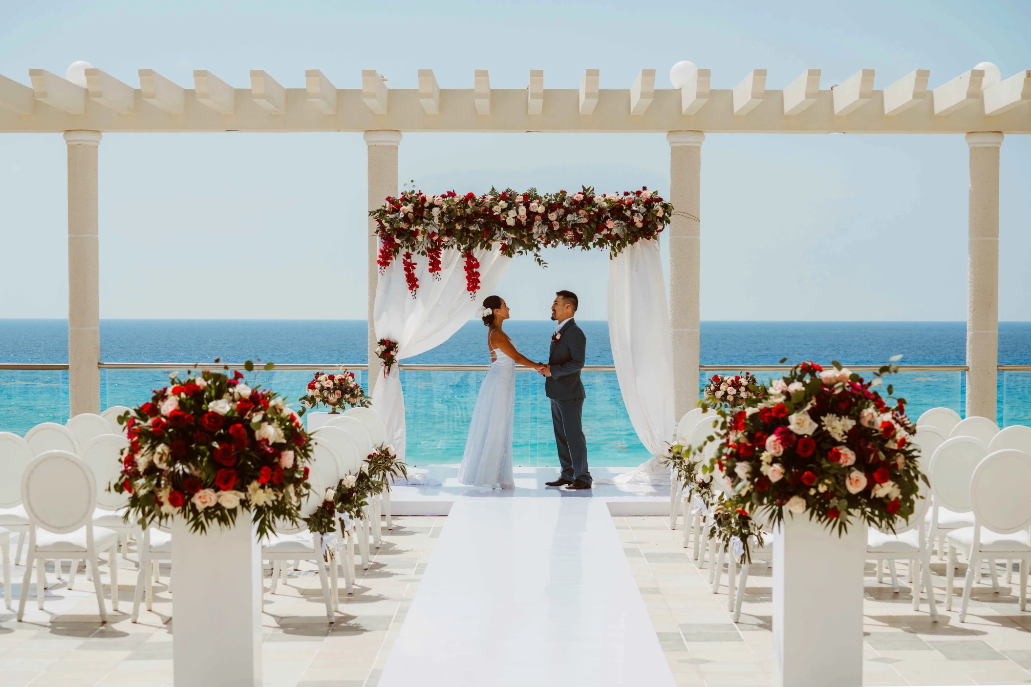 Couple ceremony on the terrace wedding venue at Sandos Cancun