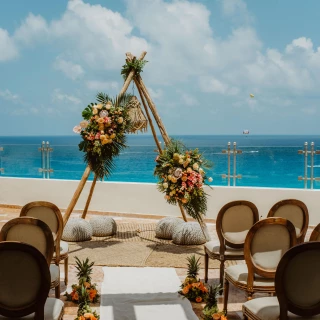 Ceremony decor on the Penthouse wedding venue at Sandos Cancun