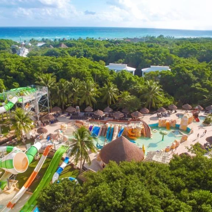 Sandos Caracol Eco Resort water park with slider arial view