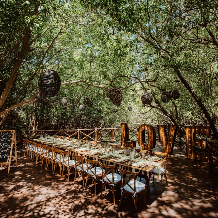 Dinner reception on the garden wedding venue at Sandos Caracol Eco Resort