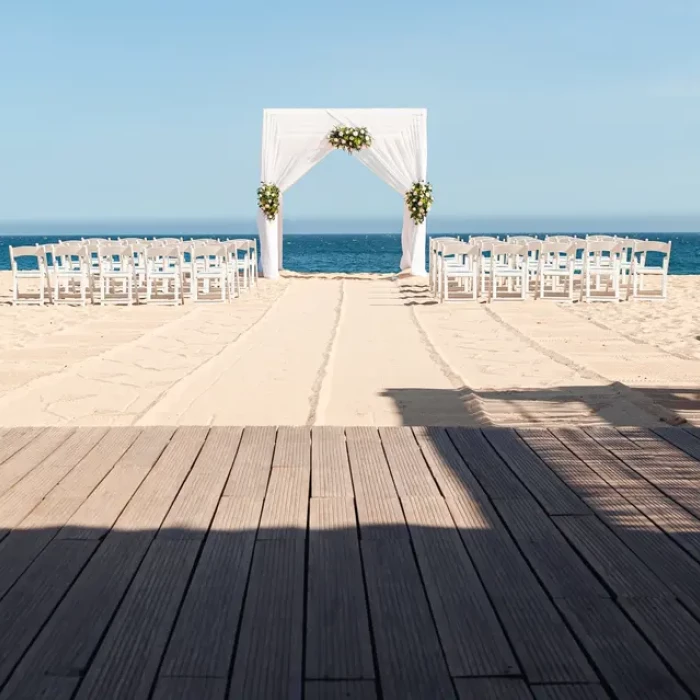 Ceremony decor on the beach at Sandos Finisterra Los Cabos