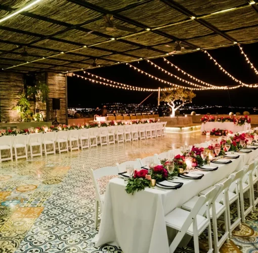 Dinner reception decor on mountaintop terrace at Sandos Finisterra Los Cabos