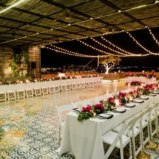 Dinner reception decor on mountaintop terrace at Sandos Finisterra Los Cabos