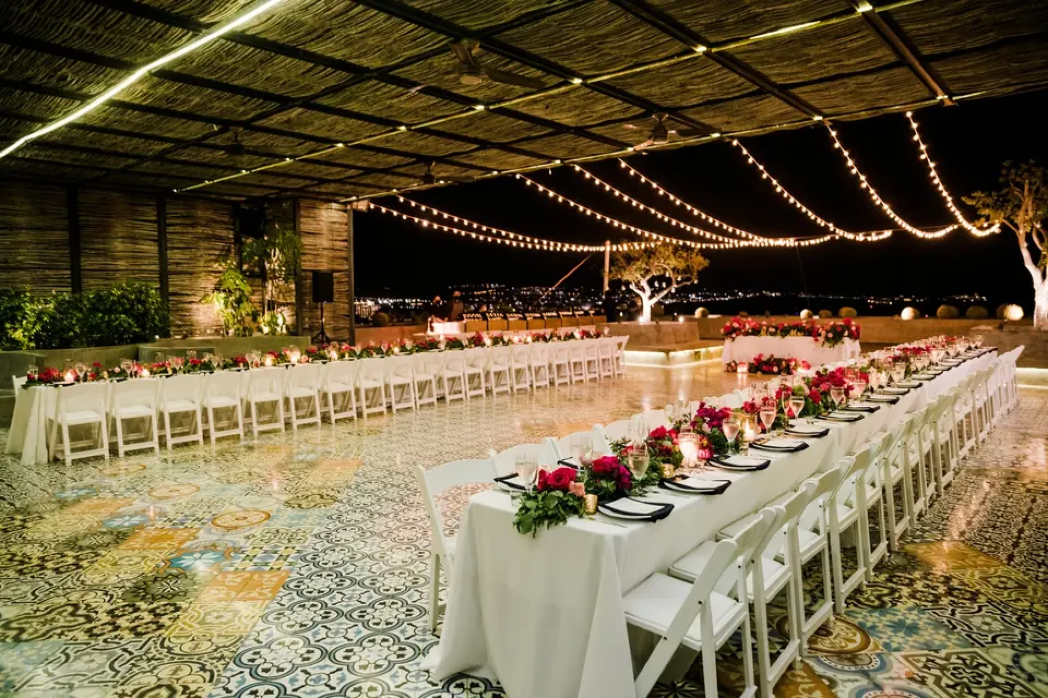 Dinner reception decor on mountaintop terrace at Sandos Finisterra Los Cabos