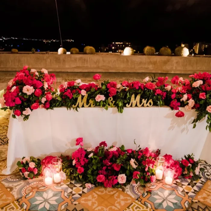 Dinner reception decor on mountaintop terrace at Sandos Finisterra Los Cabos