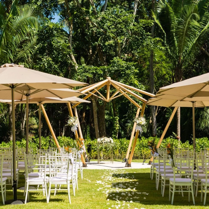 Secrets and Dreams Bahía Mita wedding setup in garden