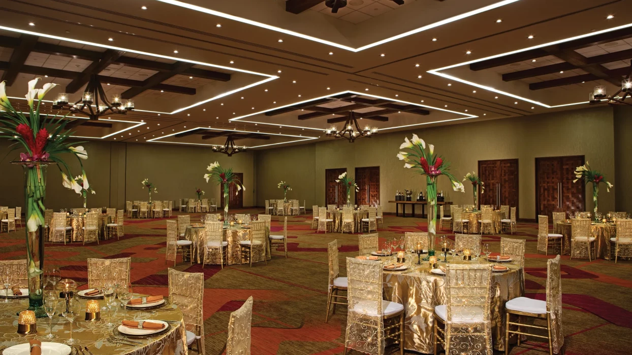 Dinner reception decor on the ballroom wedding venue at Secrets Akumal Riviera Maya