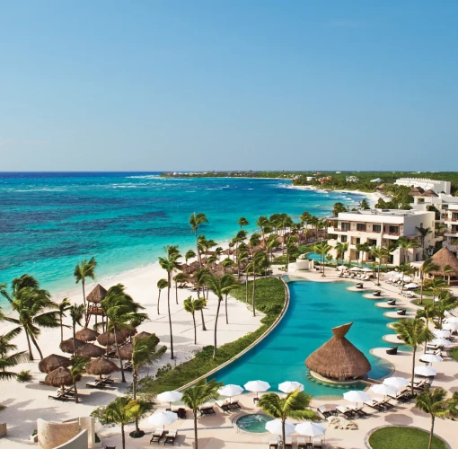 Secrets Akumal resort arial with beach and pool