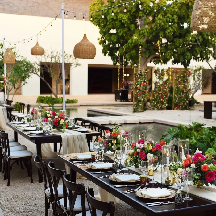 Dinner reception setup on the plaza akumal wedding venue at Secrets Akumal Riviera Maya