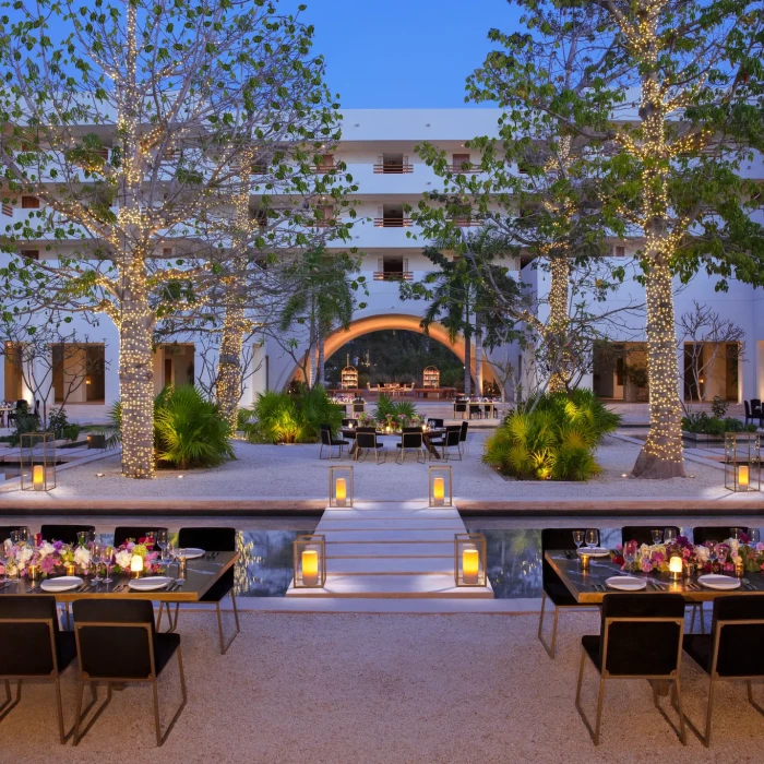 Dinner reception setup on the plaza akumal at Secrets Akumal Riviera Maya