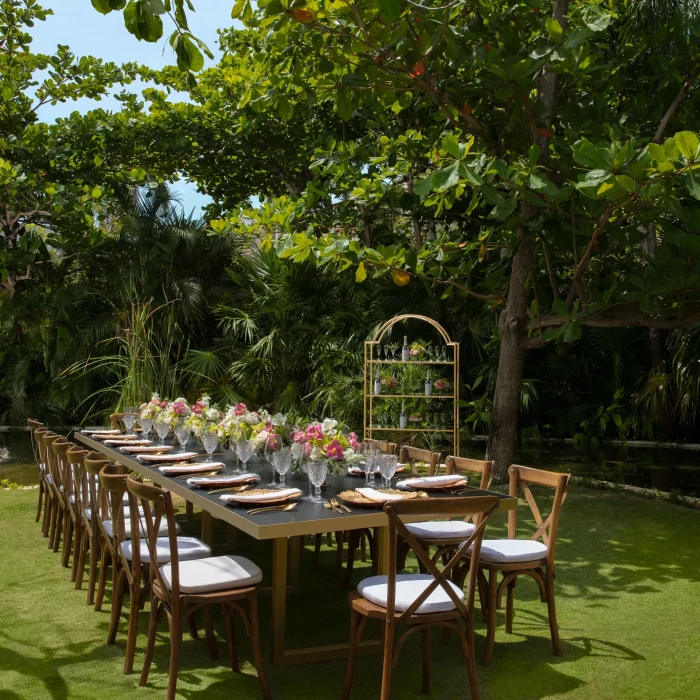 Dinner reception decor on Yalku garden wedding venue at Secrets Akumal Riviera Maya