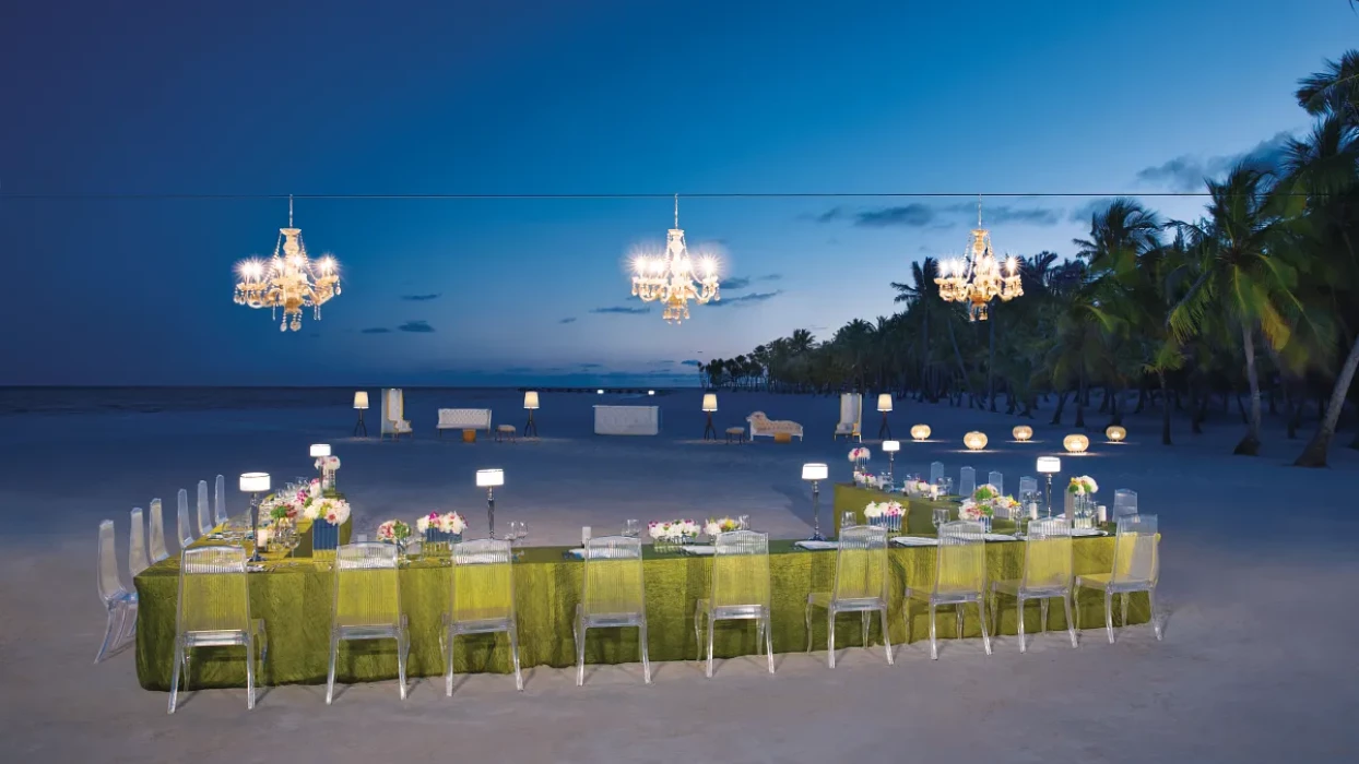 Dinner reception on the beach at Secrets Cap Cana Resort and Spa