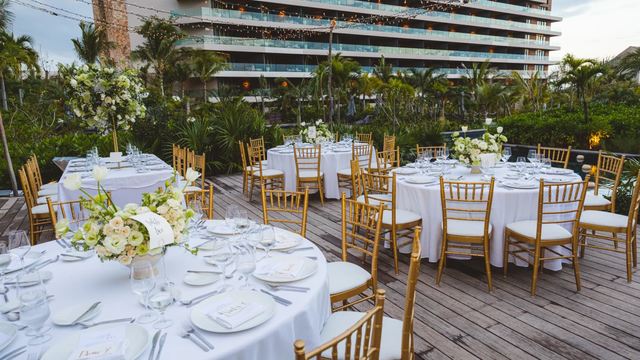 Dinner reception on the pool deck at Secrets Moxche