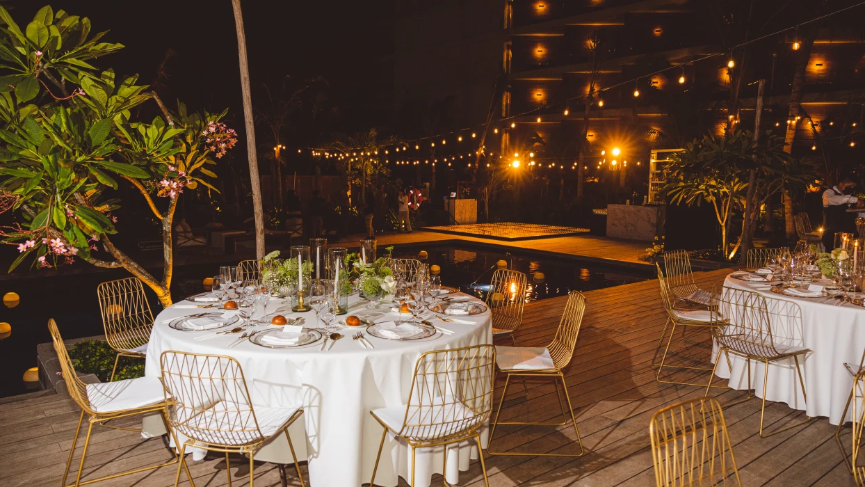 Dinner reception on the pool deck at Secrets Moxche