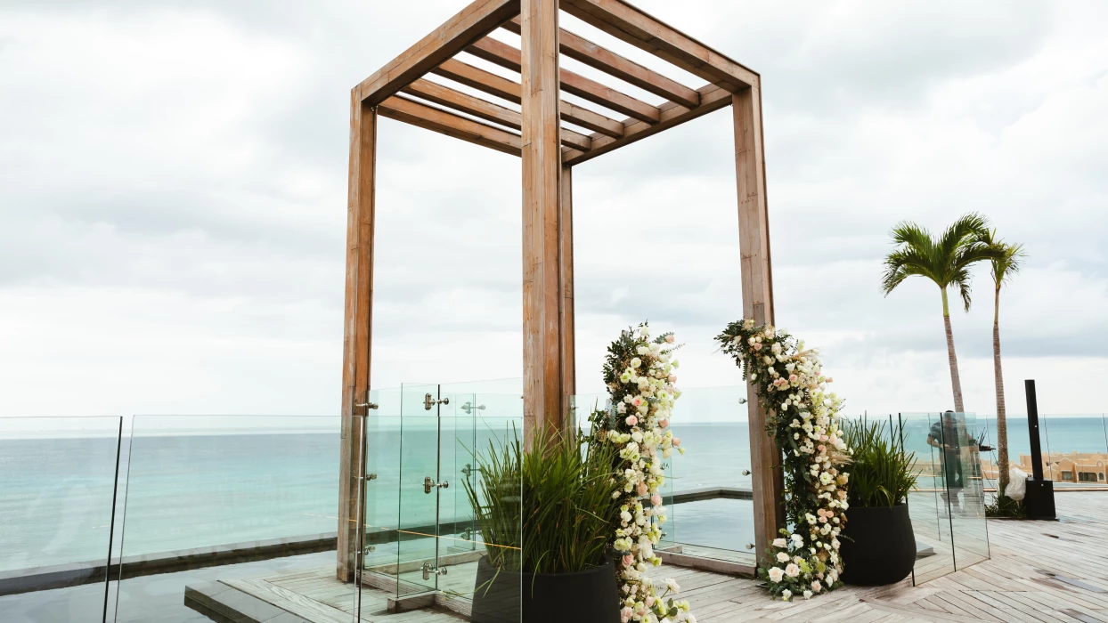 Ceremony decor on the sky wedding gazebo at Secrets Moxche