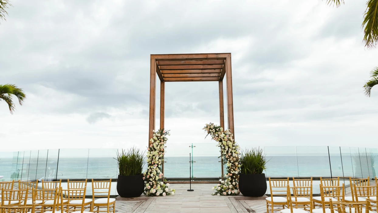 Ceremony decor on the sky wedding gazebo at Secrets Moxche