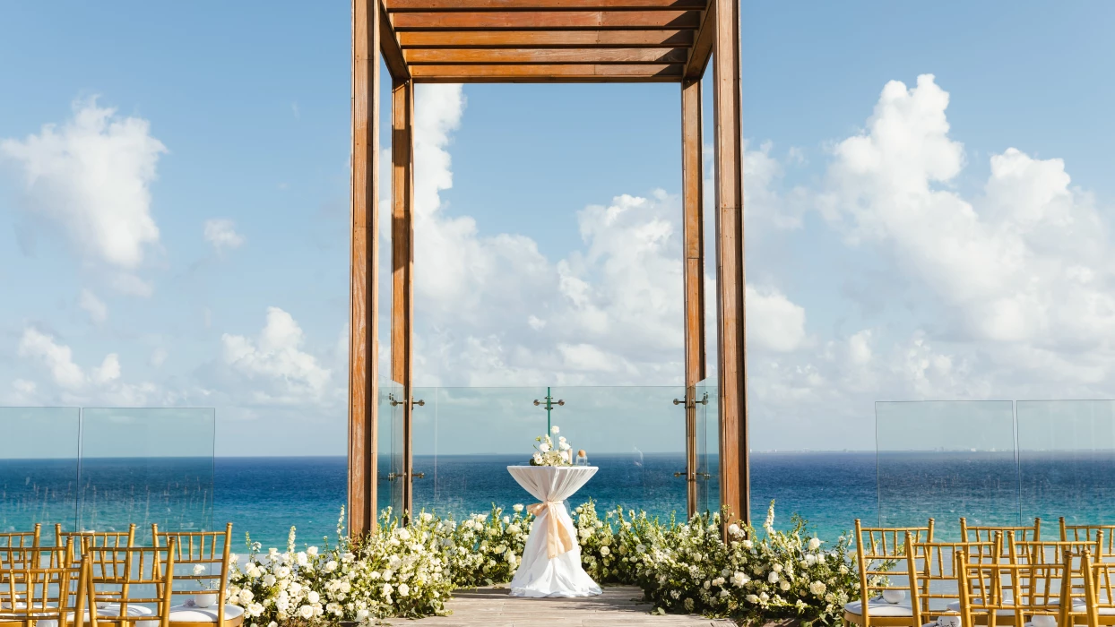 Ceremony decor on the sky wedding gazebo at Secrets Moxche