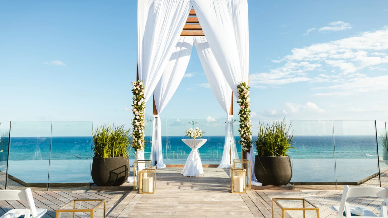 Ceremony decor on the sky wedding gazebo at Secrets Moxche