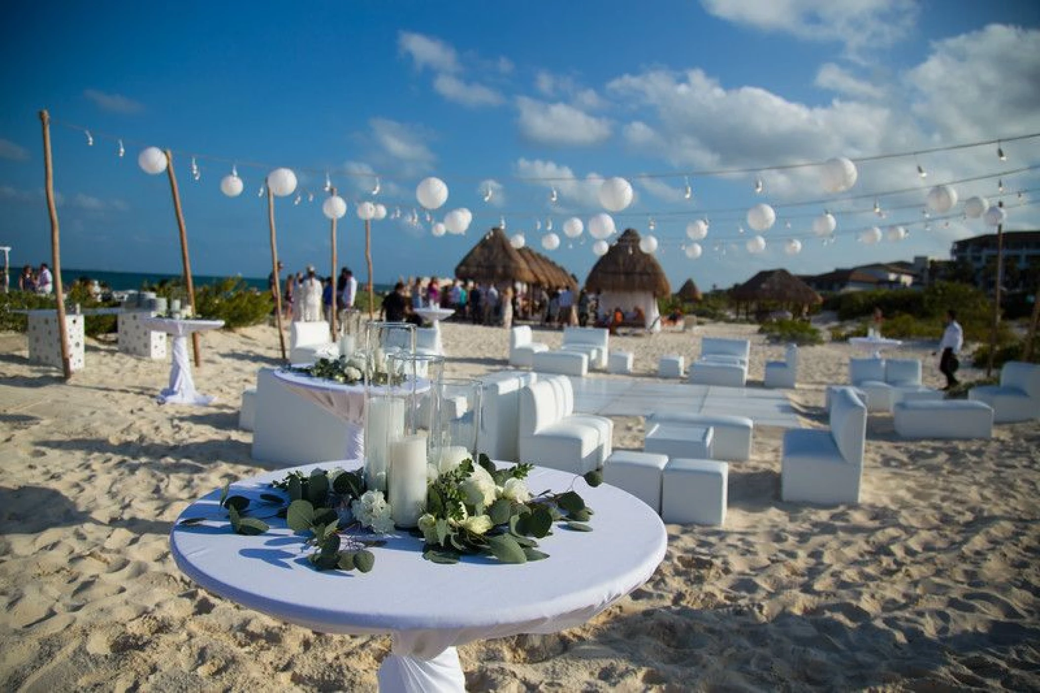 Ceremony decor on the beach wedding venue at Secrets Playa Mujeres Golf and Spa