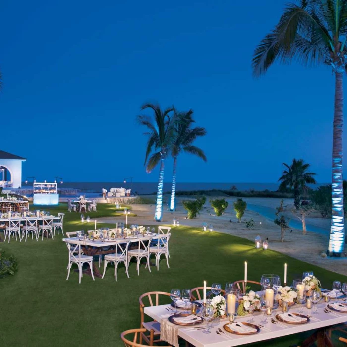 Dinner reception decor on the oceana garden at Secrets Puerto Los Cabos Golf & Spa Resort