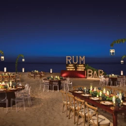 Dinner reception decor on the beach at Secrets Riviera Cancun