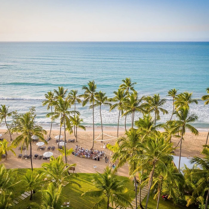 Aerial view of a ceremony on the beach at Sublime samana Las Terrenas