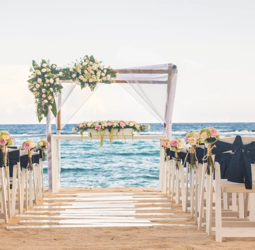 Ceremony decor on beach wedding venue at Sunscape Akumal Beach Resort